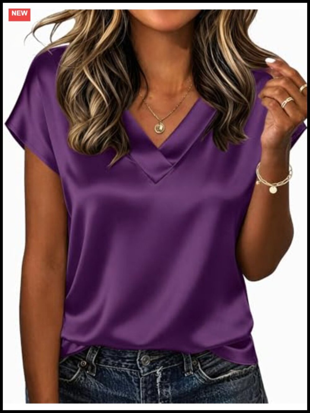 Satin V Neck Short Sleeve Blouse Business Casual Work Top Loose Fit